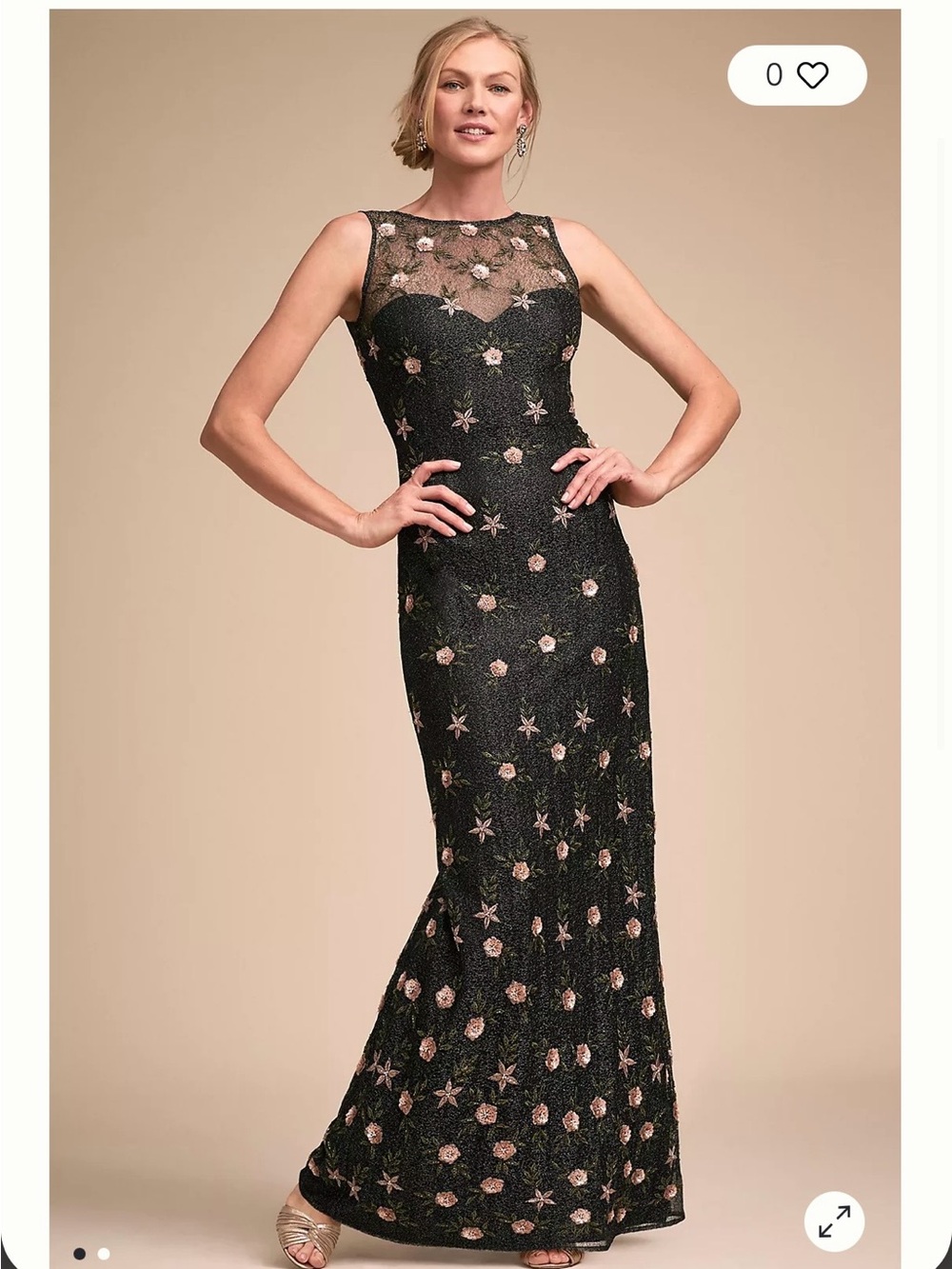 BHLDN Black Maxi Dress with Pink Floral Embroidery